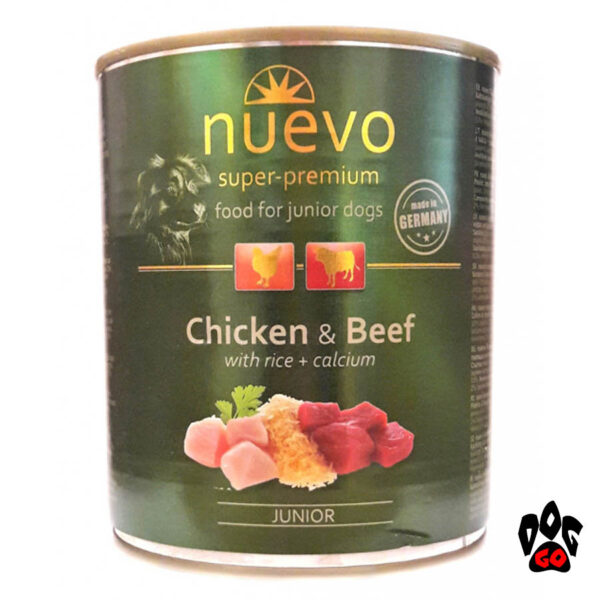 NUEVO для щенков JUNIOR Корм влажный с курицей, говядиной и рисом + кальций, 800 г
