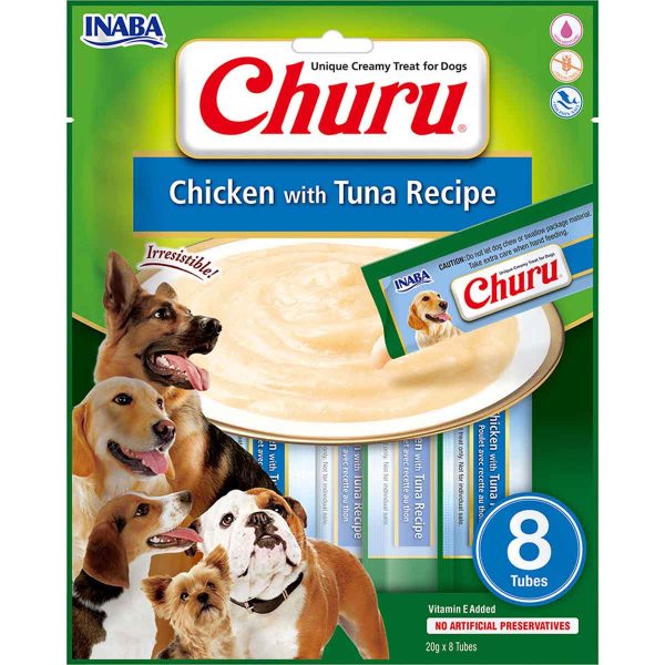 Ласощі INABA "Churu" для собак, вершковий мус в стіках, курка/тунець 8*20 гр (8 шт.уп.) (48 шт в ящ.)