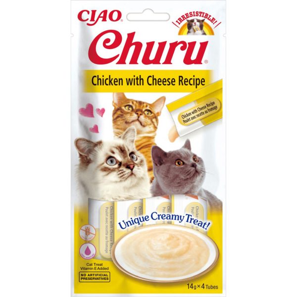 Ласощі INABA "Churu" для котів, вершковий мус в стіках, курка з сиром 4*14 гр (12 шт.уп.) (48 шт в ящ.)