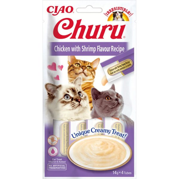 Ласощі INABA "Churu" для котів, вершковий мус в стіках, курка/креветка 4*14 гр (12 шт.уп.) (48 шт в ящ.)