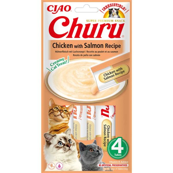 Ласощі INABA "Churu" для котів, вершковий мус в стіках, курка/лосось 4*14 гр (12 шт.уп.) (48 шт в ящ.)