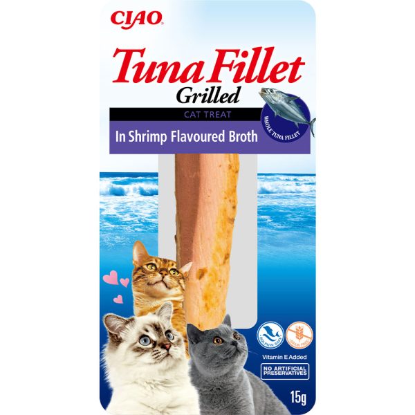 Ласощі INABA "Grilled" для котів, філе тунця на грилі в бульйоні з креветок 15 гр (1 шт) (12 шт.уп.) (48 шт в ящ.)
