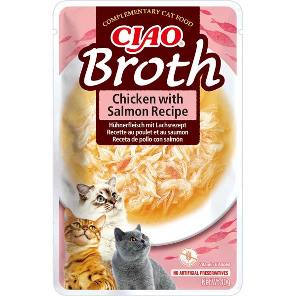 Пауч INABA "CIAO Broth" для котів, з тушкованою куркою та лососем в бульйоні 40 гр (12 шт.уп.) (48 шт в ящ.)