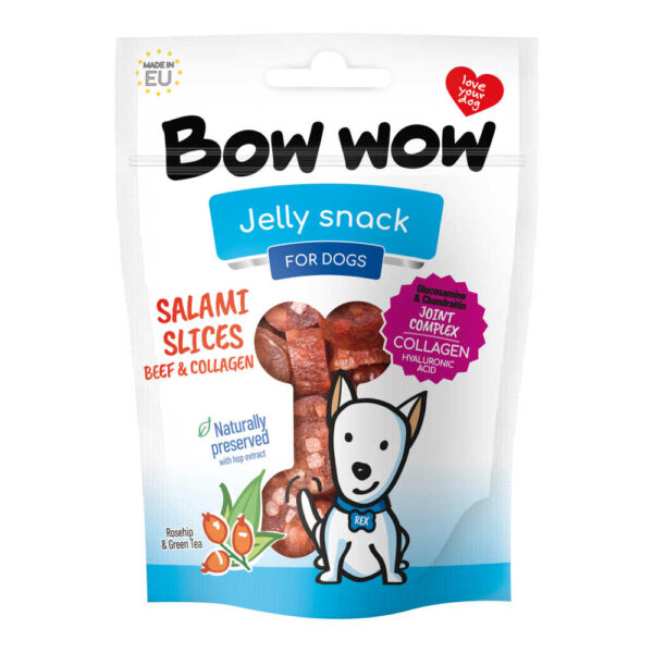 Ласощі для собак"Bow wow"слайси салямі з яловичини та колагену, 80 гр (15шт в кор)