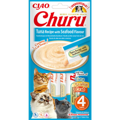 Ласощі для котів INABA "Churu" з тунцем і морепродуктами, 4x14 г