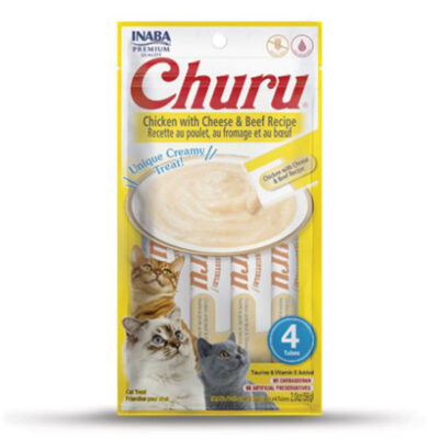 Ласощі INABA Churu для котів з куркою, сиром і яловичиною, 4x14 г