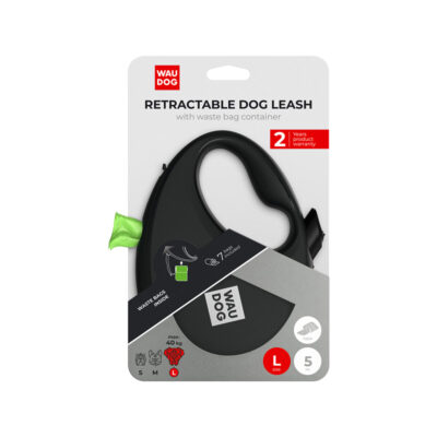 Повідець-рулетка WAUDOG R-leash L, 5 м, до 40 кг, чорний, з контейнером для пакетів 3