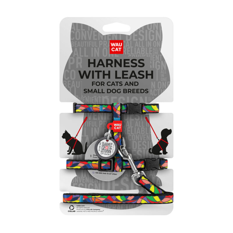 Шлея з повідцем WAUCAT Nylon "Вітраж" м'яка для котів і собак, нейлон, обхват шиї 20-30 см, грудей 25-40 см, ширина 10 мм