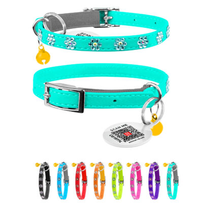 Нашийник WAUCAT Glamour з резинкою, стразами "Квітка" для котів 22-30см, шкіра, 9мм