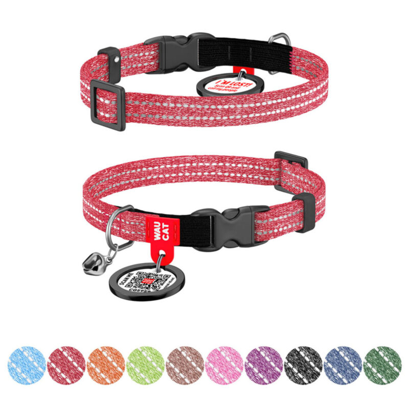 Нашийник для котів WAUCAT Re-cotton світловідбиваючий QR паспорт, XS, 20-30 см, червоний