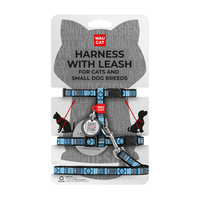 Шлея з повідцем WAUCAT Nylon "Етно синій", м'який нейлон, Ш 10 мм, обхват 20-30 см