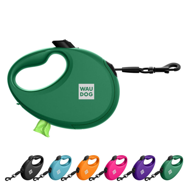 Повідець-рулетка WAUDOG R-leash L, до 40 кг, 5 м, з контейнером для пакетів, світловідбиваюча стрічка, зелений