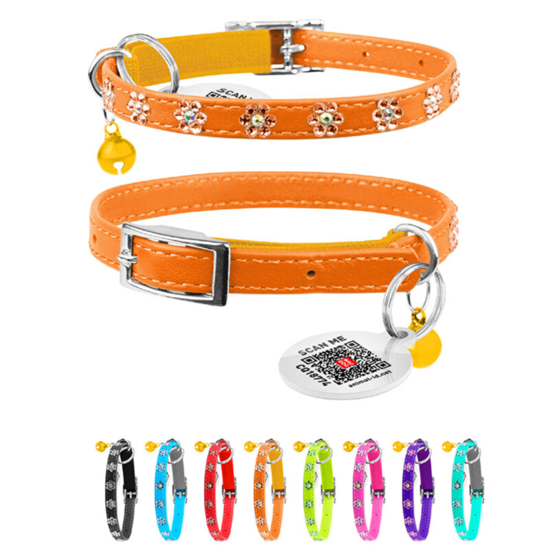 Нашийник WAUCAT Glamour з резинкою і стразами "Квітка" для котів, ширина 9мм, довжина 22-30см