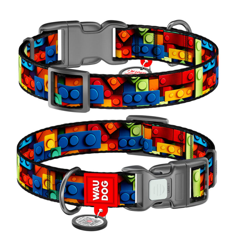 Нашийник для собак WAUDOG Nylon, QR паспорт, малюнок "Блоки", XL, Ш 25 мм, Дов 37-58 см