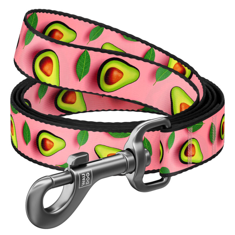 Повідець для собак WAUDOG Nylon, малюнок "Авокадо на рожевому", L-XXL, 25 мм ширина, 300 см довжина