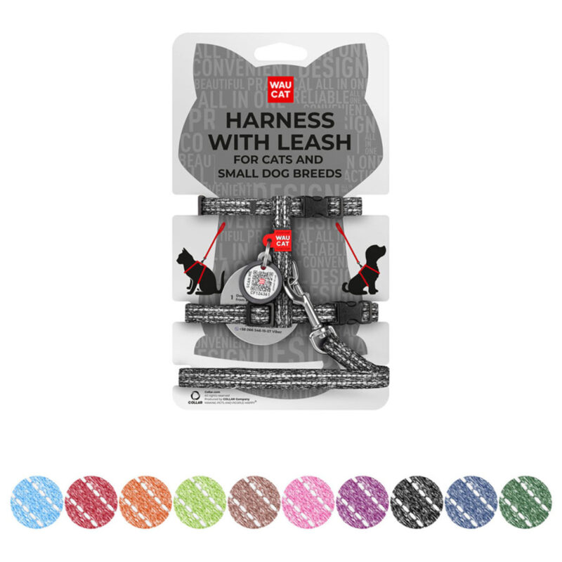 Шлея з повідцем WAUCAT Re-cotton світловідбиваюча для котів, відновлена бавовна, XS, Ш 10 мм, Д 122 см, В 25-40 см, С 20-30 см