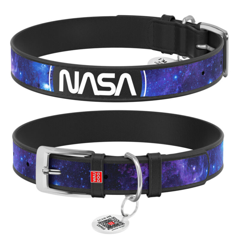 Нашийник для собак шкіряний WAUDOG Design з QR паспортом, малюнок "NASA21", XS, Ш 12 мм, Д 20-28 см, чорний