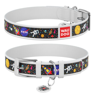 Нашийник для собак WAUDOG Design шкіряний з QR паспортом, NASA, M, 20 мм, 29-38 см, білий