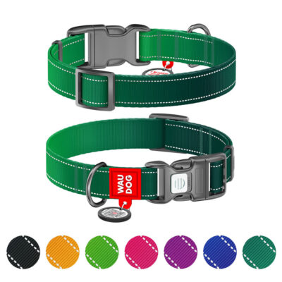 Нашийник WAUDOG Nylon Mono з QR паспортом, світловідбивний, для собак, нейлон, S, 25-35 см, Ш 15 мм, зелений