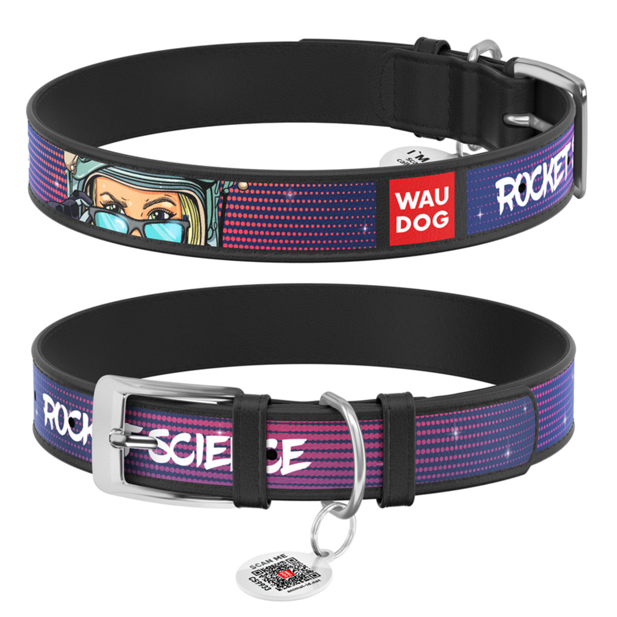 Нашийник WAUDOG Design шкіряний з QR паспортом для собак, космічний малюнок, XL, 35 мм, 44-58 см Нашийник WAUDOG Design шкіряний з QR паспортом для собак, космічний малюнок, XL, 35 мм, 44-58 см