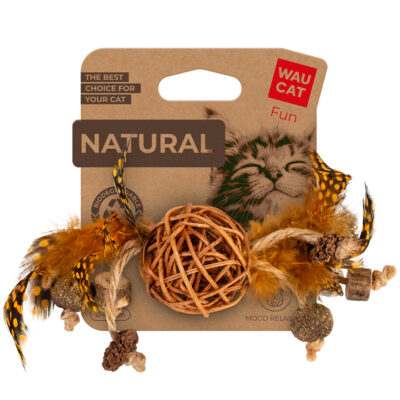 Іграшка для котів WAUCAT Fun Natural Плетений м'ячик з пір'ям, дерев'яний, 20 см 2