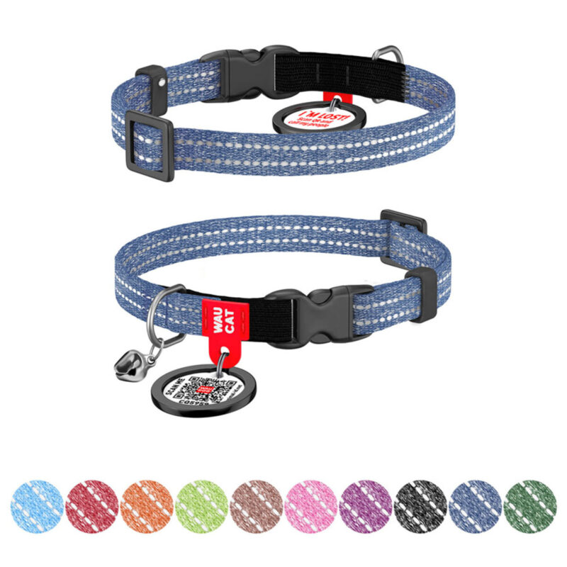 Нашийник для котів WAUCAT Re-cotton, світловідбиваючий, QR паспорт, XS, 10 мм, 20-30 см, синій