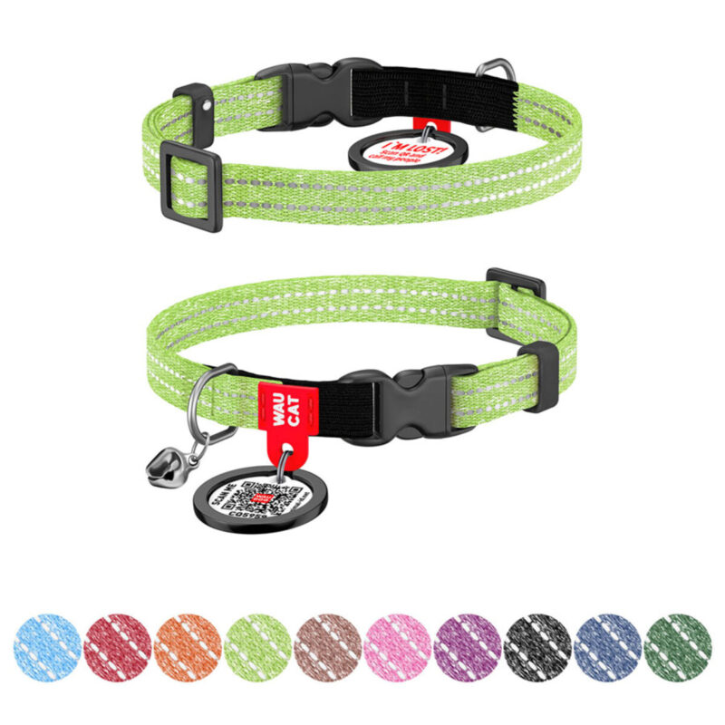 Нашийник для котів WAUCAT Re-cotton світловідбиваючий з QR паспортом, 20-30 см, 10 мм, салатовий