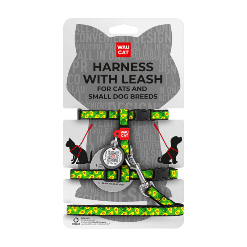 Шлея з повідцем WAUCAT Nylon з QR паспортом, Авокадо, нейлон, розміри Ш 10 мм, В 25-40 см, С 20-30 см