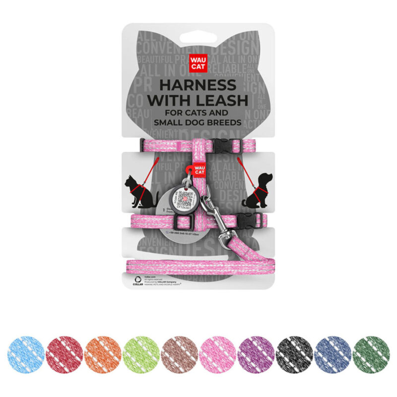 Шлея з повідцем WAUCAT Re-cotton світловідбиваюча для котів та собак, відновлена бавовна, XS, С 20-30 см, Д 122 см, Ш 10 мм