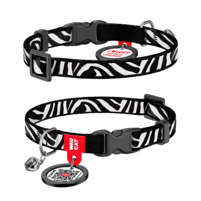 Нашийник для котів WAUCAT Nylon з QR адресником, 20-30 см, Ш 10 мм, Зебра