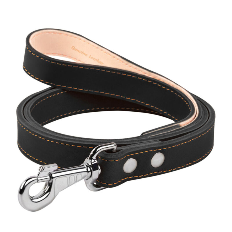 Повідець подвійний "CoLLaR" для собак з прошивкою, шкіра, 25мм × 122см, чорний