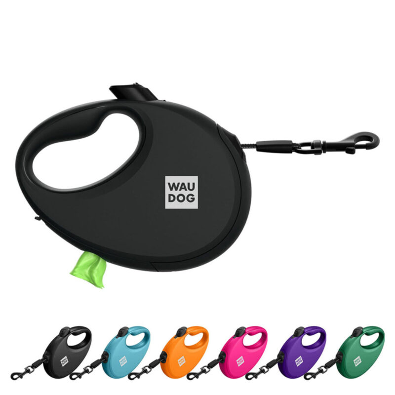 Повідець-рулетка WAUDOG R-leash з контейнером, світловідбивна стрічка, М, до 20 кг, 5 м, чорний