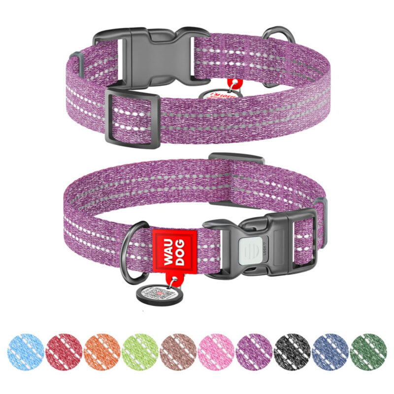 Нашийник для собак WAUDOG Re-cotton, фіолетовий, світловідбиваючий, 37-58 см, відновлена бавовна, 25 мм