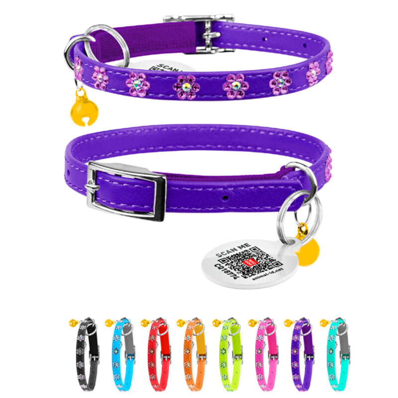 Нашийник WAUCAT Glamour фіолетовий з резинкою та стразами "Квітка" для котів, 22-30 см, 9 мм