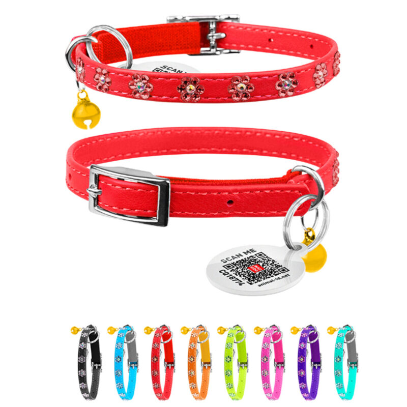 Нашийник WAUCAT Glamour, червоний, з резинкою та стразами, для котів, шкіра, 22-30 см, ширина 9 мм