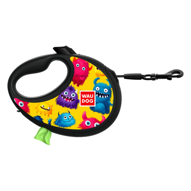 Повідець-рулетка WAUDOG R-leash, малюнок "Мохнаті монстри", до 20 кг, 5 м, пластик