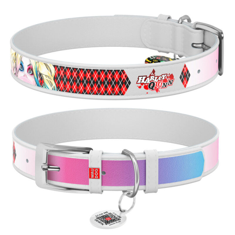 Нашийник для собак WAUDOG Design "Харлі Квін", шкіряний, 25 мм, 38-49 см, білий