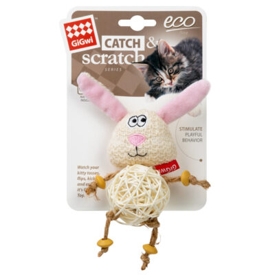Іграшка для котів GiGwi Catch&scratch Зайчик з дзвіночком і плетеним м'ячиком, поліестер, 10×5 см 2