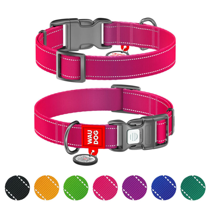 Нашийник для собак WAUDOG Nylon Mono світловідбивний з QR паспортом, XL, Ш 25 мм, Дов 37-58 см, рожевий