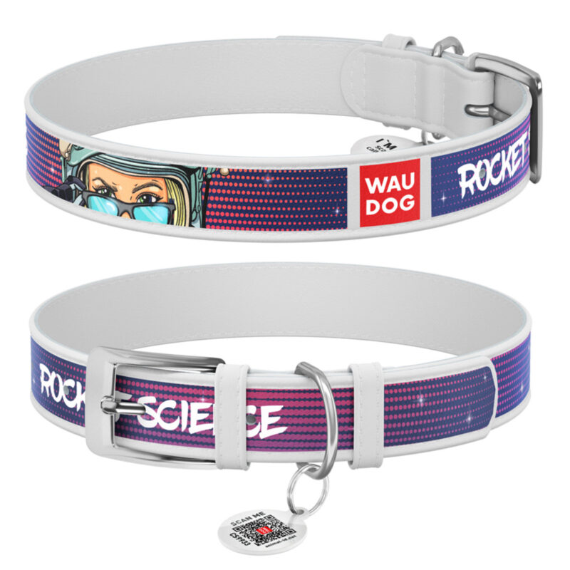 Нашийник для собак WAUDOG Design шкіряний, космічний малюнок, XL, Д 44-58 см, Ш 35 мм, білий