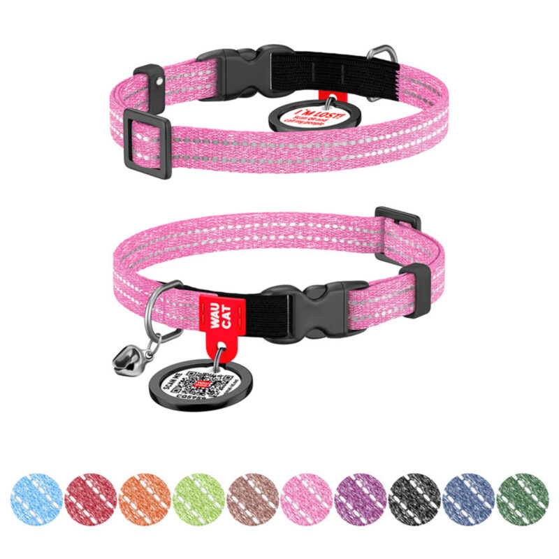 Нашийник для котів WAUCAT Re-cotton світловідбиваючий, з QR паспортом, рожевий, 10 мм, 20-30 см
