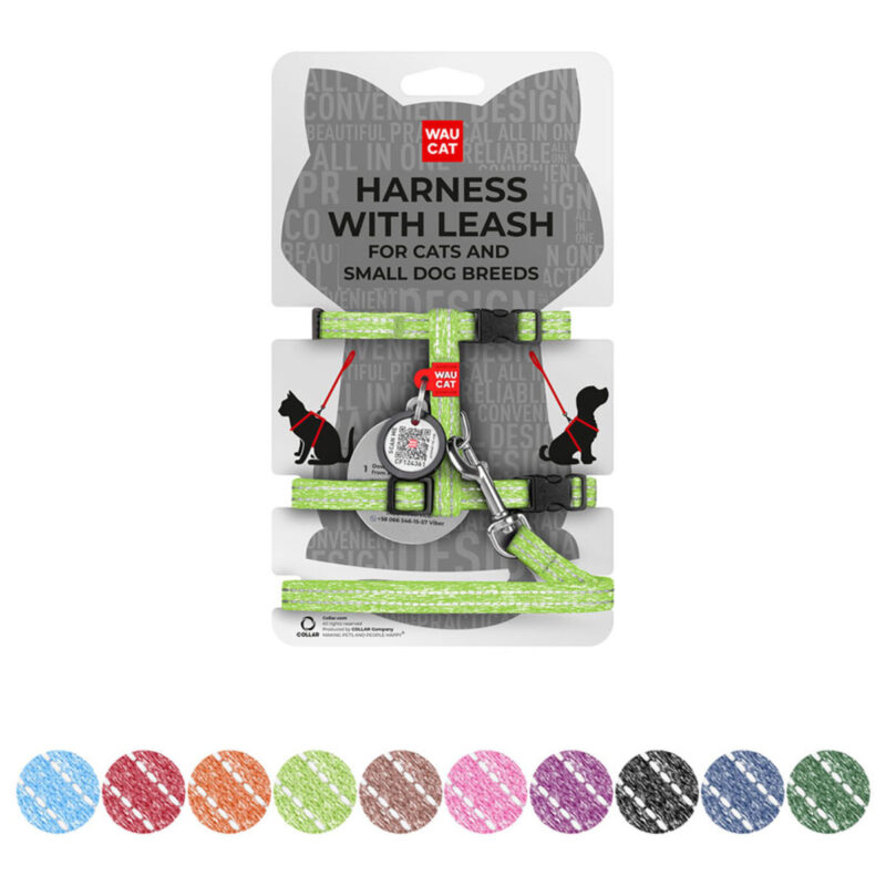 Шлея з повідцем для котів WAUCAT Re-cotton, світловідбиваюча, XS, обхват шиї 20-30 см, ширина 10 мм, довжина 122 см