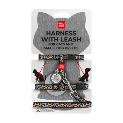 Шлея з повідцем WAUCAT Nylon з QR паспортом для котів і дрібних собак "Леопард", 10 мм, 20-30 см