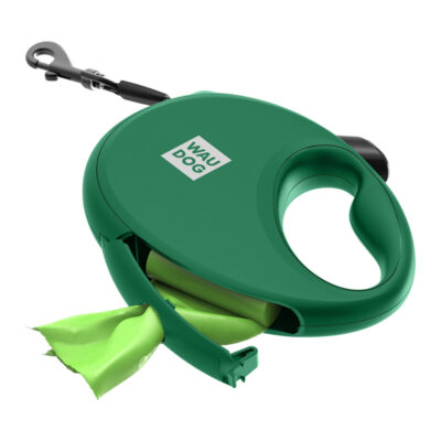Повідець-рулетка WAUDOG R-leash L, до 40 кг, 5 м, з контейнером для пакетів, світловідбиваюча стрічка, зелений 7