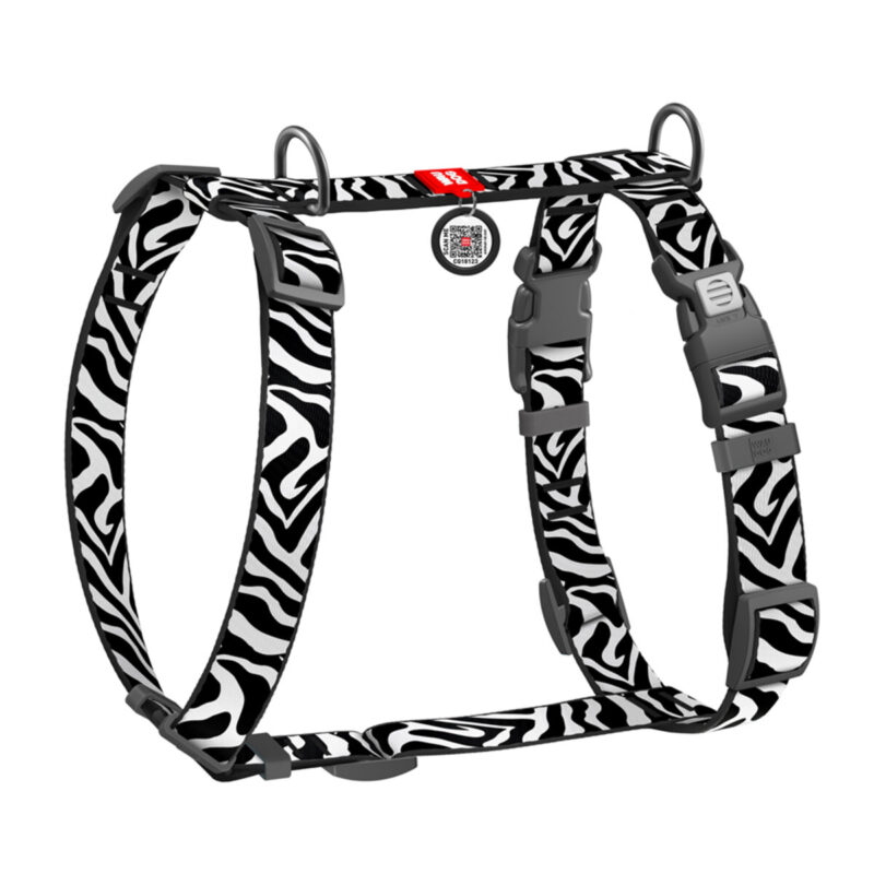 Шлея для собак анатомічна H-подібна WAUDOG Nylon, малюнок "Зебра", М, Ш 20 мм, А 38-60 см, В 46-60 см