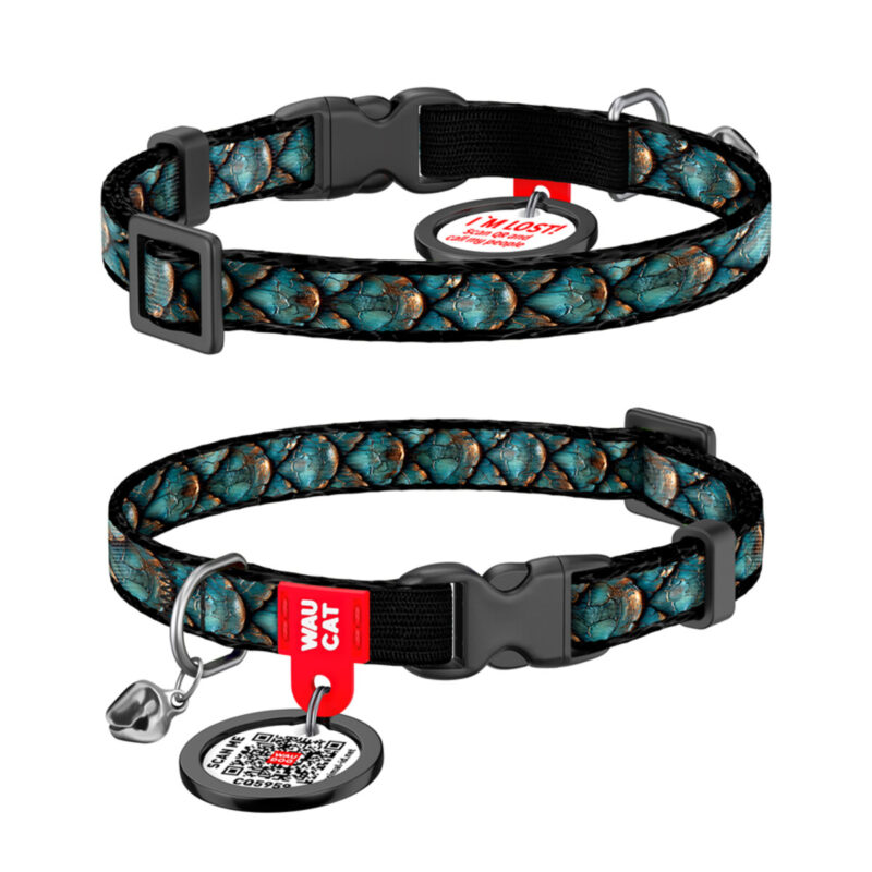 Нашийник для котів WAUCAT Nylon, з QR адресником, дизайном "Луска", регульований 20-30 см, ширина 10 мм