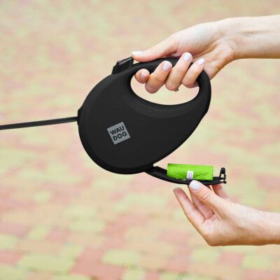 Повідець-рулетка WAUDOG R-leash L, 5 м, до 40 кг, чорний, з контейнером для пакетів 10