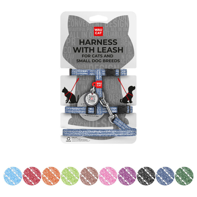 Шлея з повідцем WAUCAT Re-cotton світловідбиваюча для котів і собак XS, обхват 20-30 см, довжина 122 см