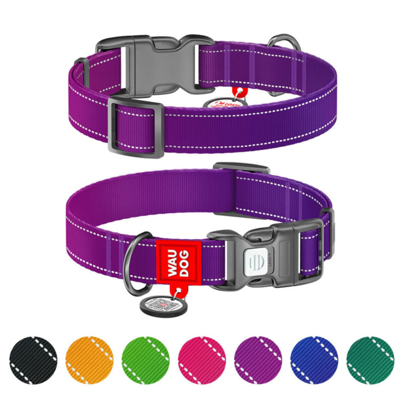 Нашийник WAUDOG Nylon Mono світловідбивний, з QR паспортом, для собак M, нейлон, 28-40 см, ширина 20 мм, фіолетовий