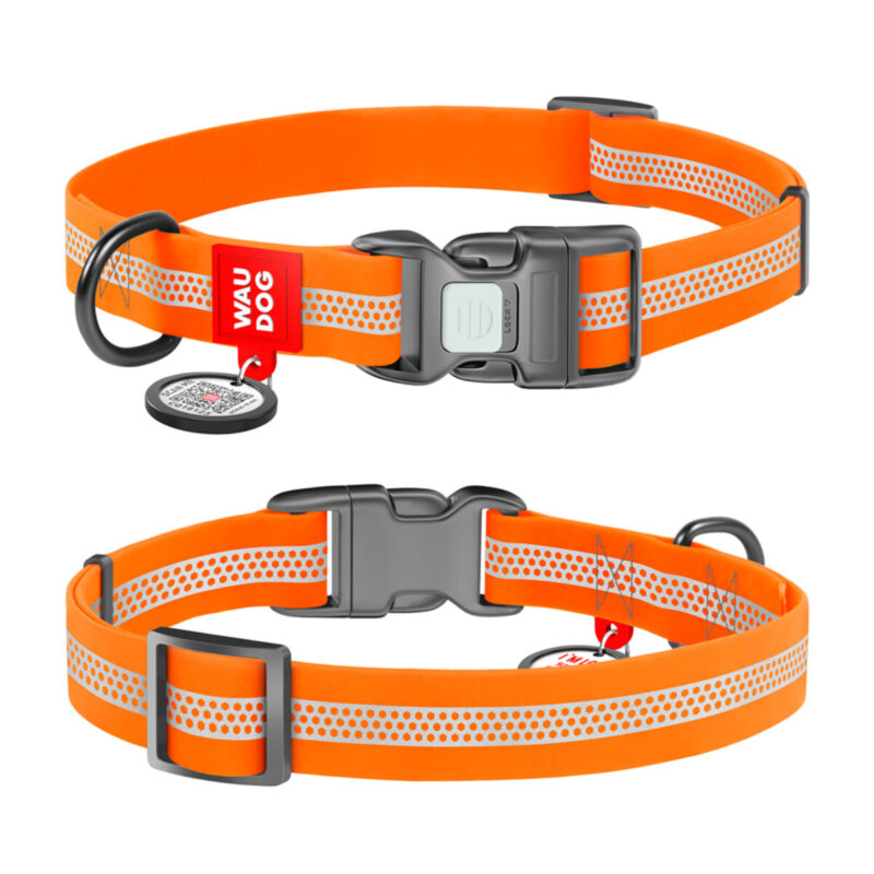Нашийник для собак WAUDOG Waterproof світловідбивний, з QR-паспортом, XL, Ш 25 мм, Д 38-58 см, помаранчевий